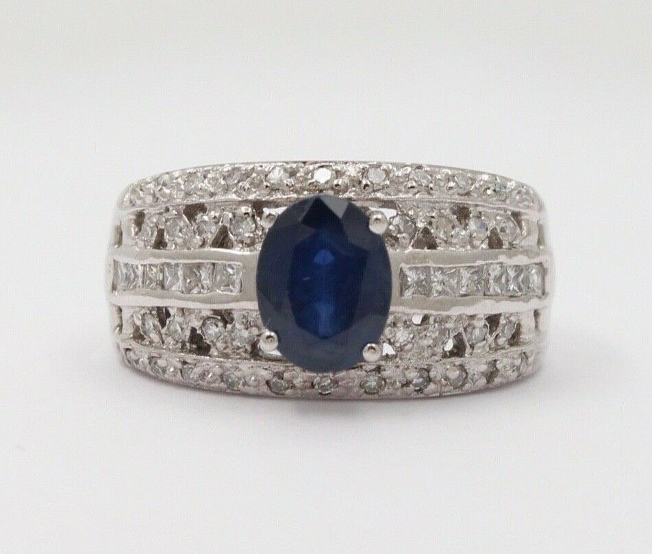 Vintage Sapphire and Diamond 10K White Gold Ring, Ring Band , Cocktail Ring