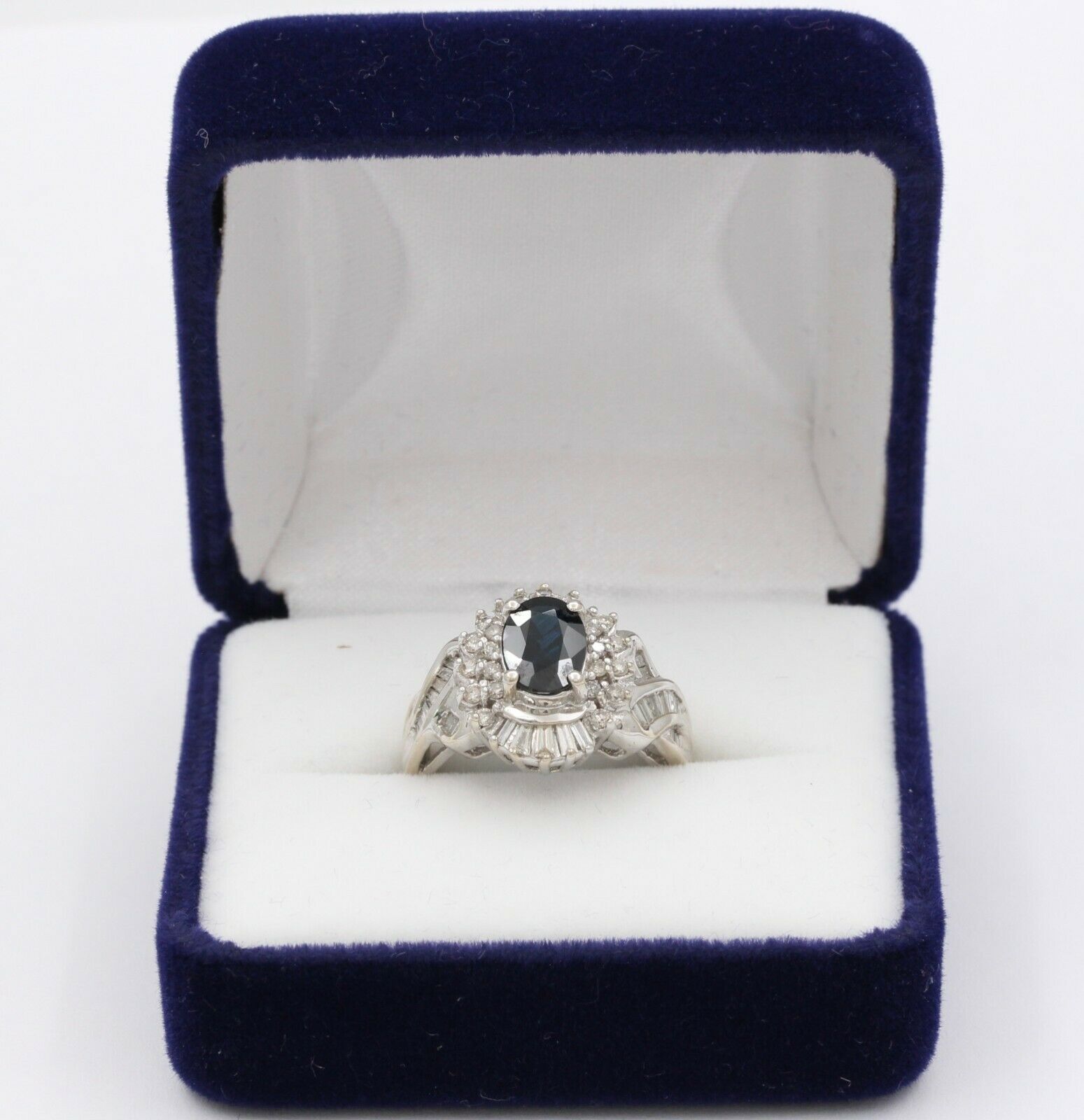 Vintage 14K White Gold Sapphire Diamond Alternative Engagement Ring