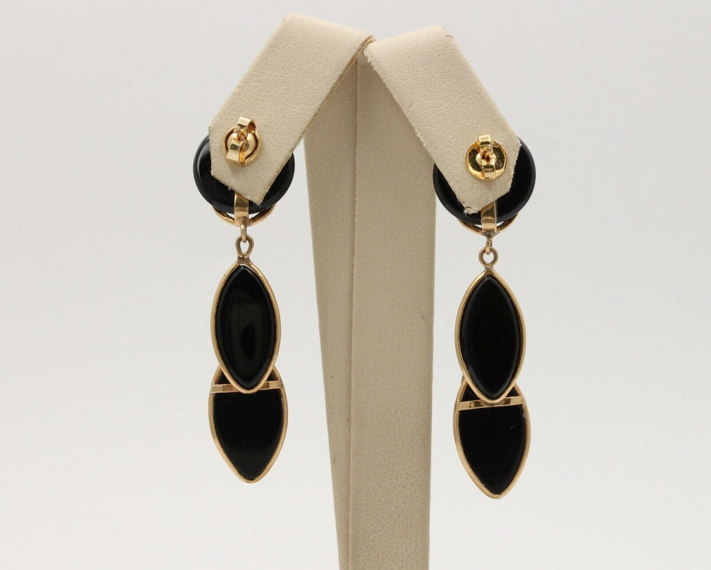 Vintage Funky Onyx 14K Yellow Gold Diamond Dangling Earrings, Drop Earrings.