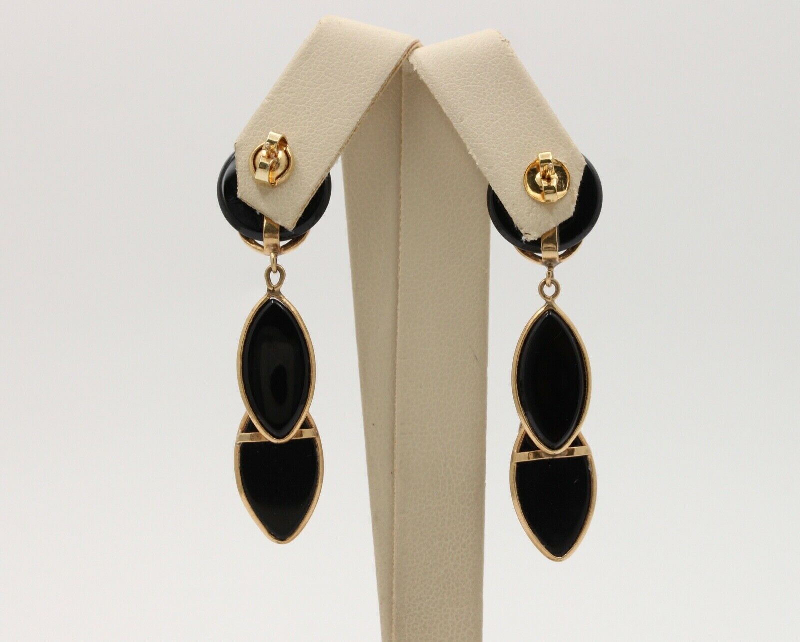 Vintage Funky Onyx 14K Yellow Gold Diamond Dangling Earrings, Drop Earrings.
