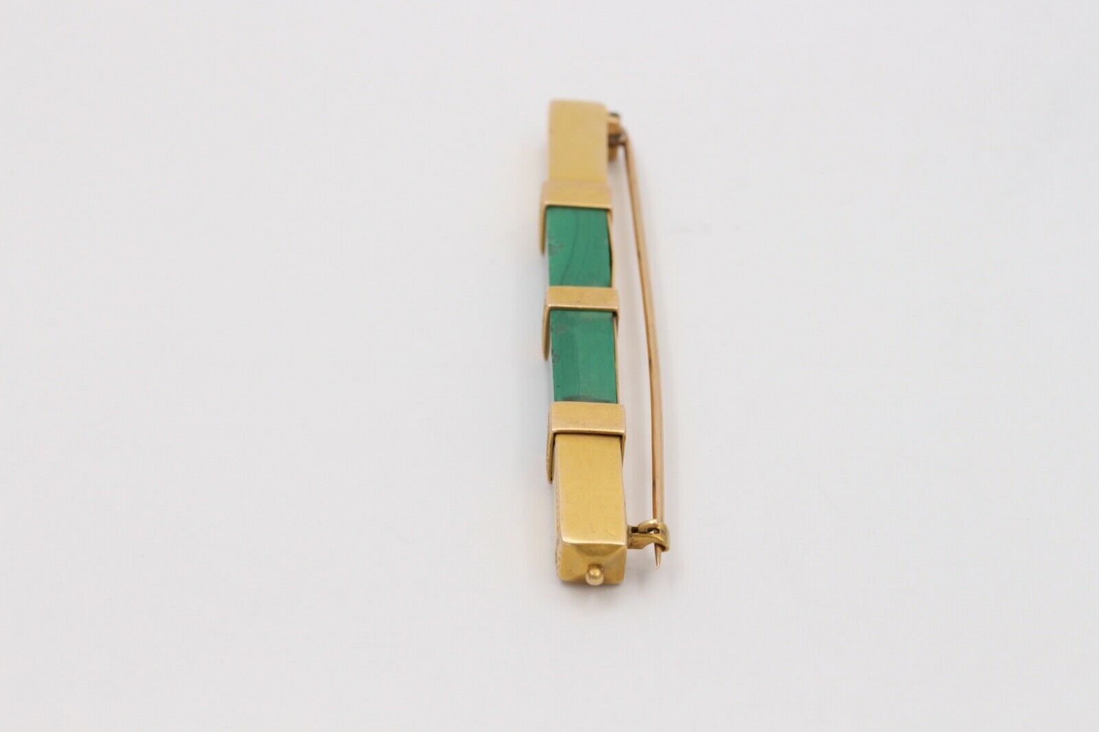 Art Deco Geometric Bar Brooch Malachite 14K Yellow Gold