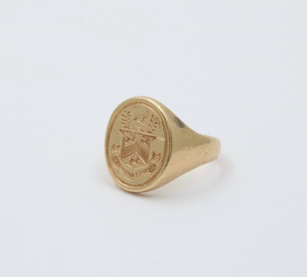 Vintage 14K Yellow Gold 1869 Stag Deer Intaglio Signet Estate Ring