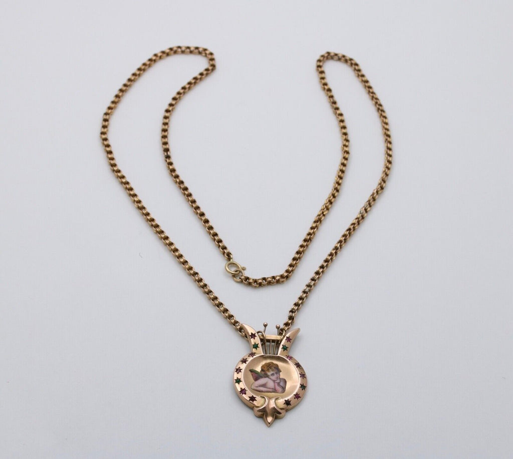 Victorian Enamel Cherub Emerald Ruby Garnet Amethyst 14K Pendant and Rolo Chain