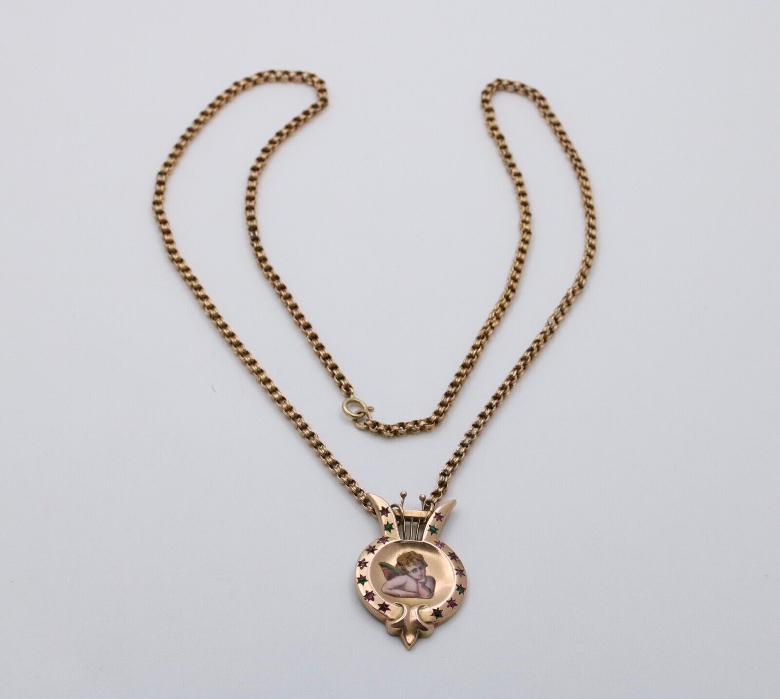 Victorian Enamel Cherub Emerald Ruby Garnet Amethyst 14K Pendant and Rolo Chain