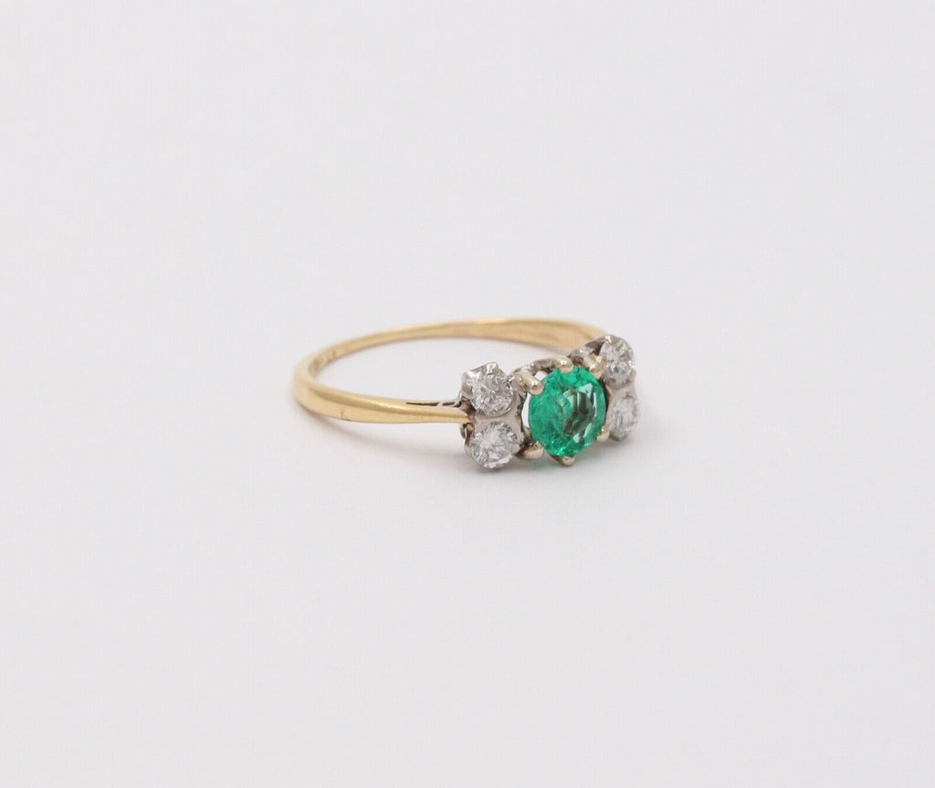 Vintage 18K Yellow Gold Emerald and Diamond Ring, Stacking Ring
