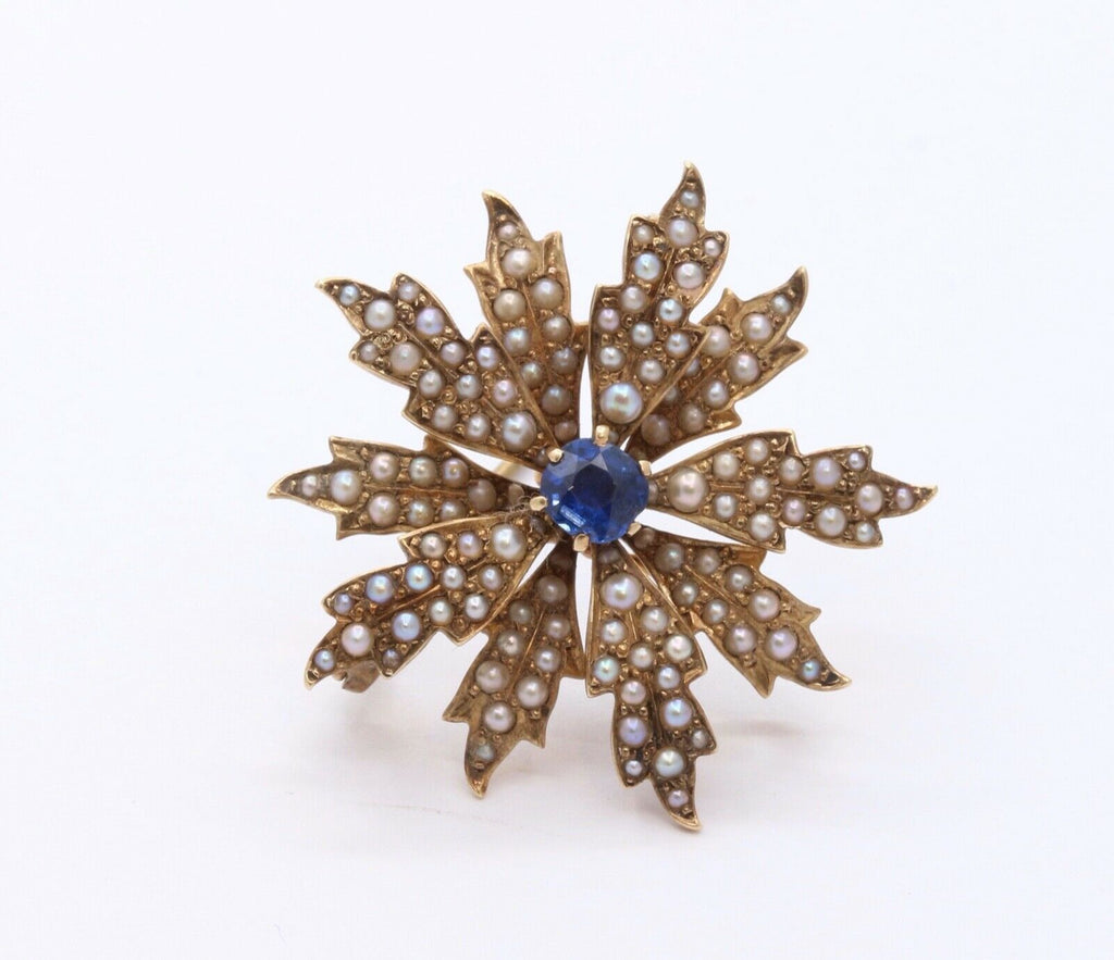 Edwardian 14K Yellow Gold Sapphire Seed Pearls Brooch Pin Pendant