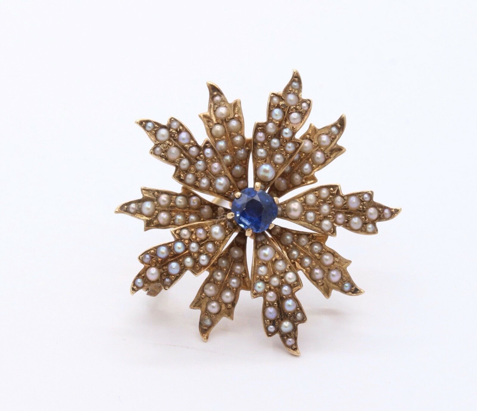 Edwardian 14K Yellow Gold Sapphire Seed Pearls Brooch Pin Pendant