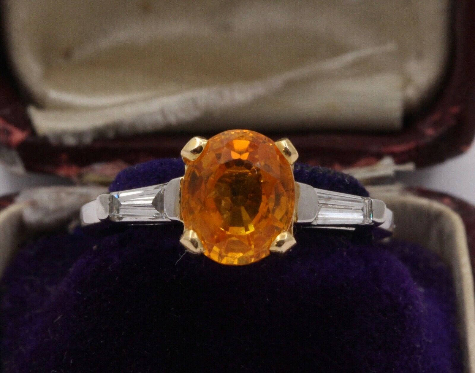 Vintage Oval Yellow Sapphire Baguette Diamonds Platinum Ring