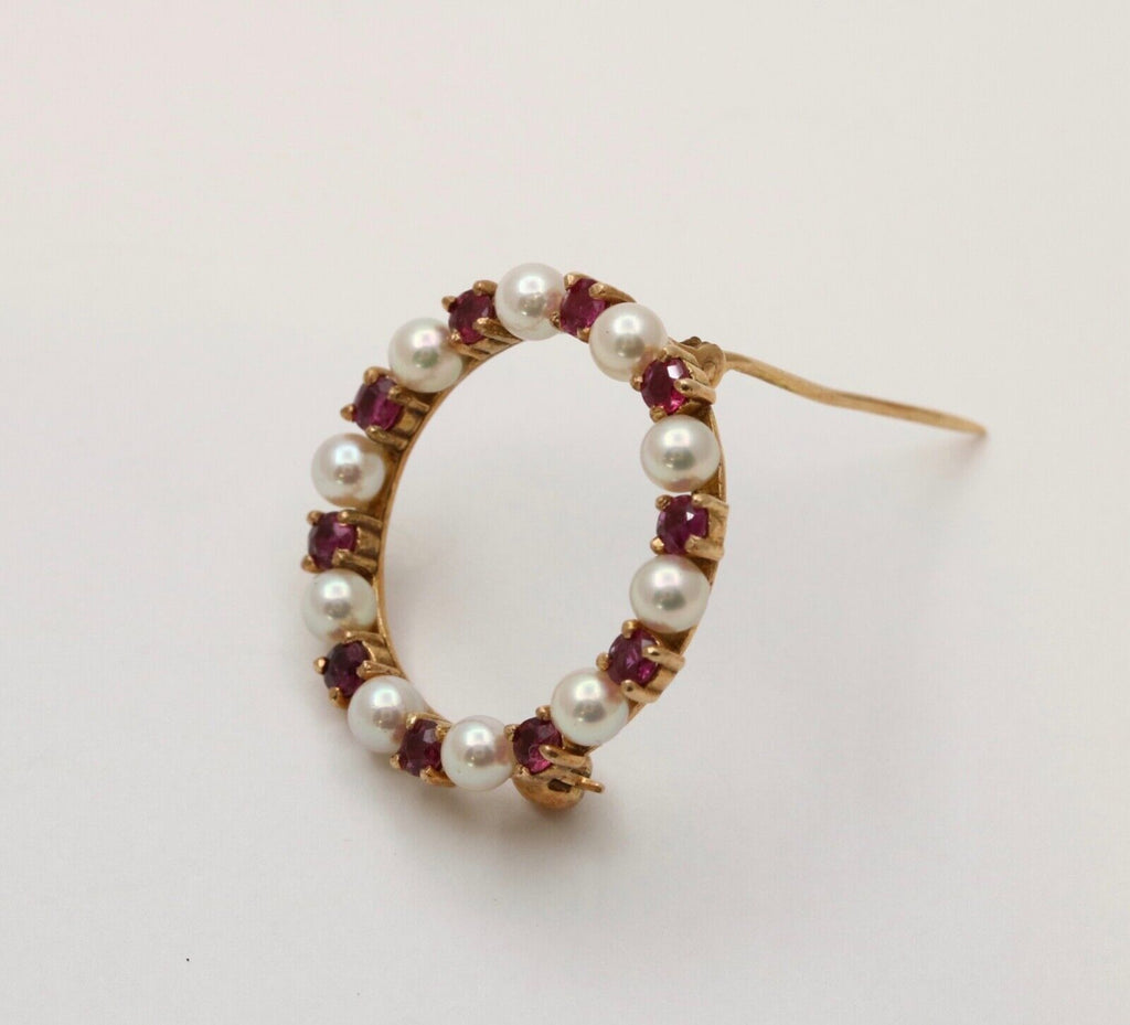 Vintage 14K Yellow Gold Ruby and Pearl Circle Brooch