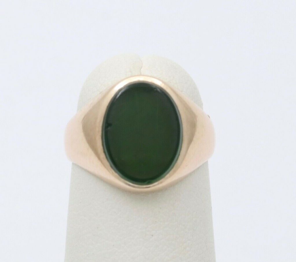 Antique 14K Pinkish Yellow Gold Green Agate Signet Ring