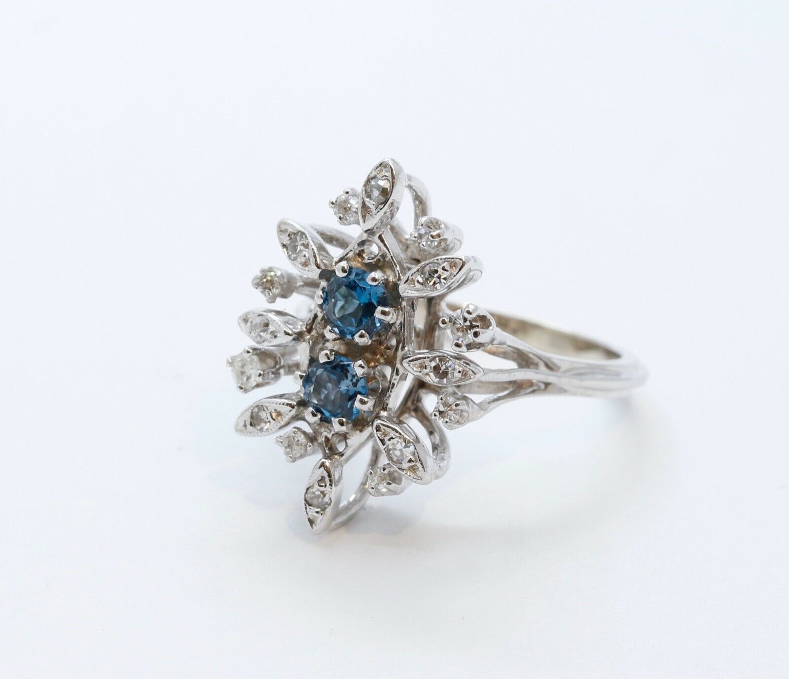 Vintage Flower London Blue Topaz Diamonds 14K White Gold Ring