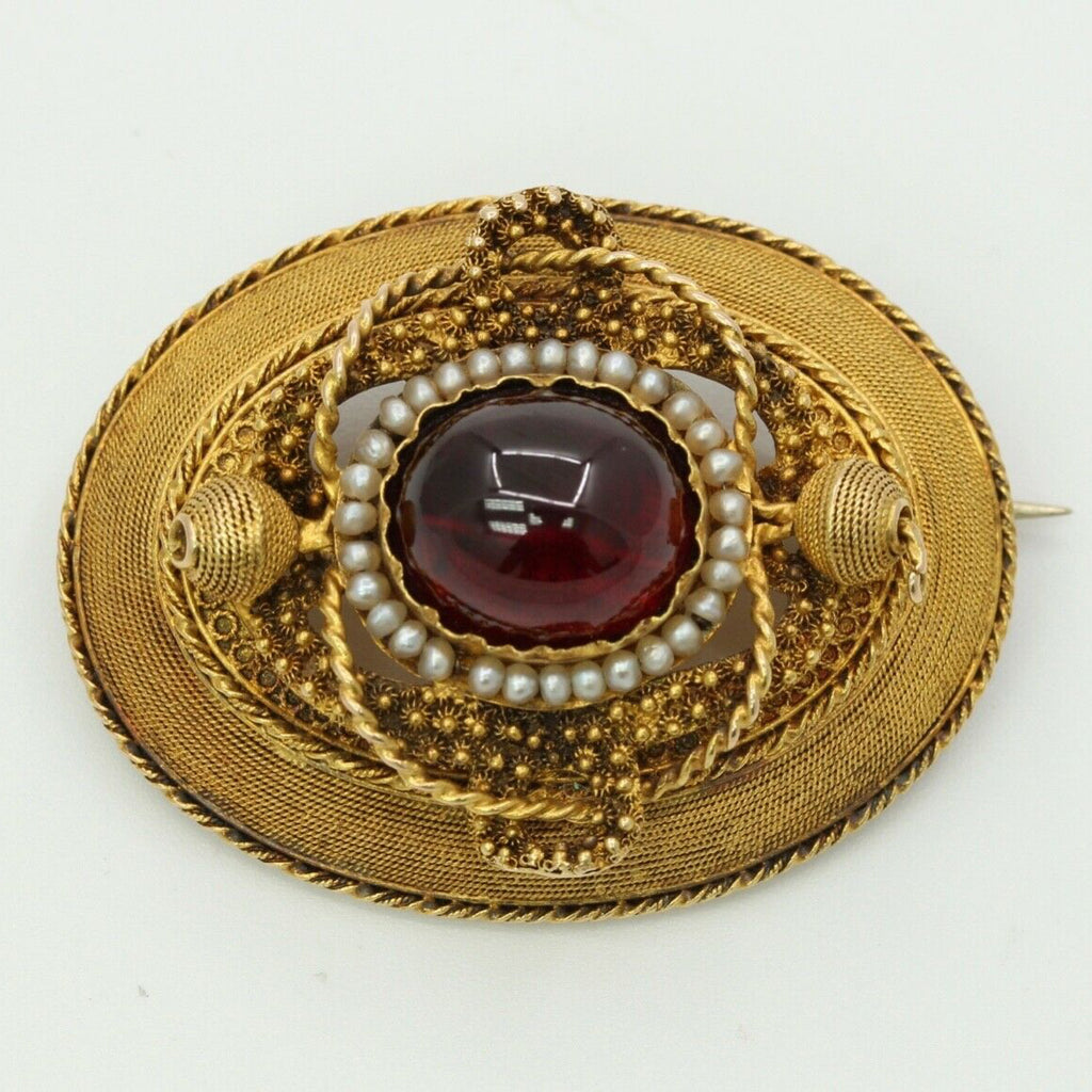 Truly Beautiful and Excellent Cond Victorian 14K Garnet Pearls Brooch Pendant
