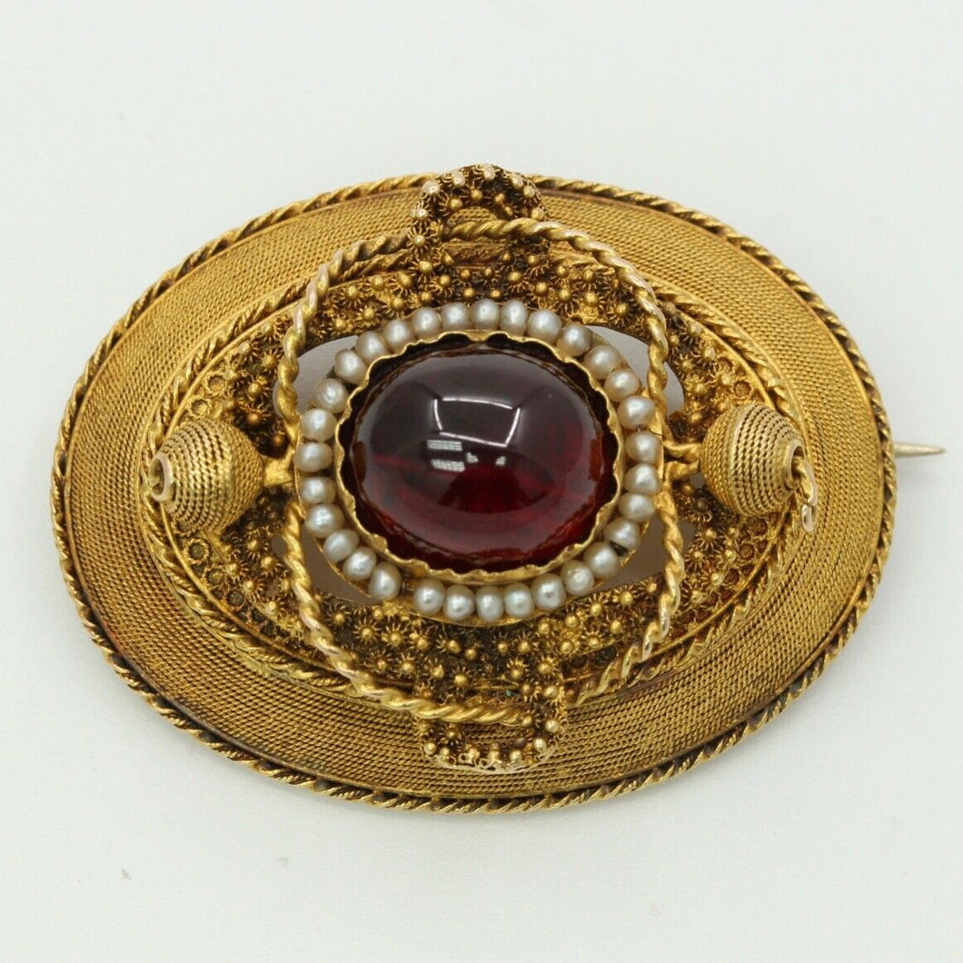 Truly Beautiful and Excellent Cond Victorian 14K Garnet Pearls Brooch Pendant