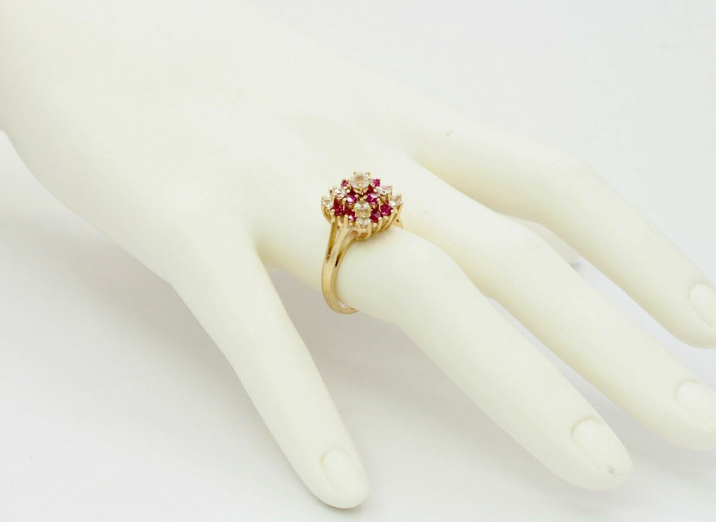 Cute 14K Yellow Gold Ruby CZ Cluster Ring