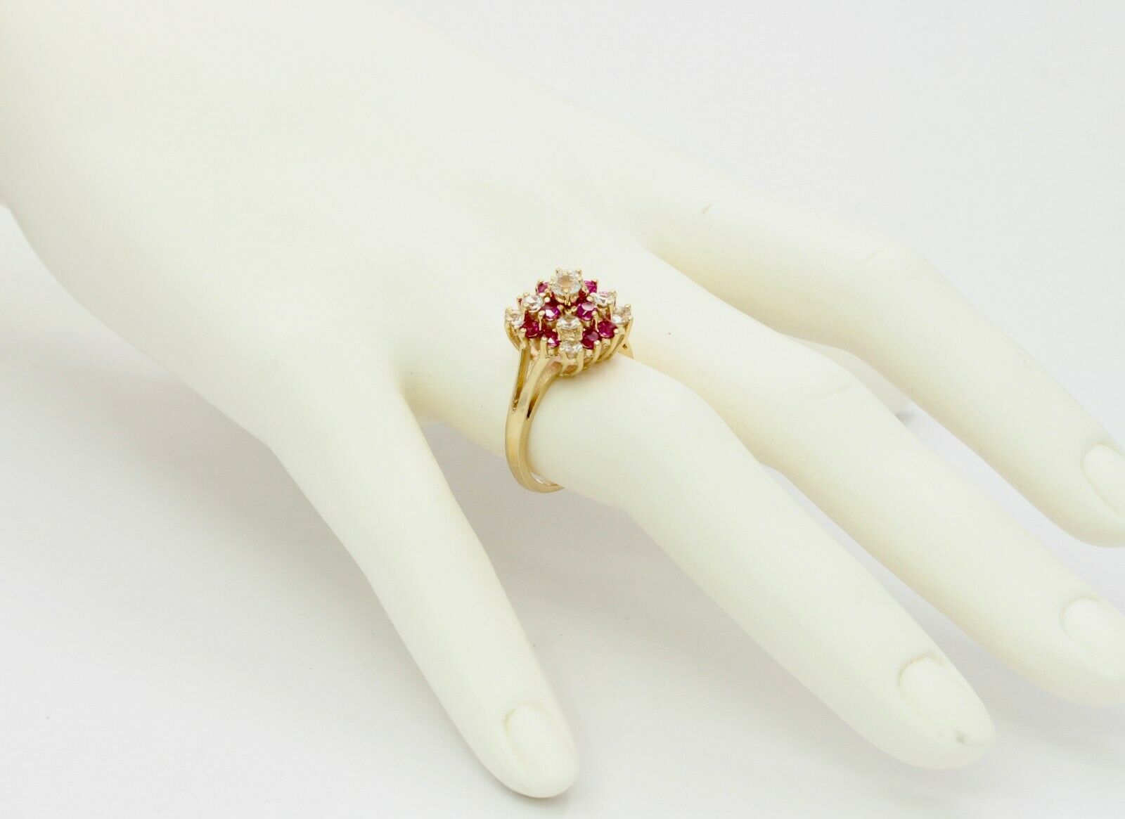Cute 14K Yellow Gold Ruby CZ Cluster Ring