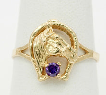 Load image into Gallery viewer, Vintage Horse Portrait in Horseshoe Amethyst 14K Yellow Gold Ring
