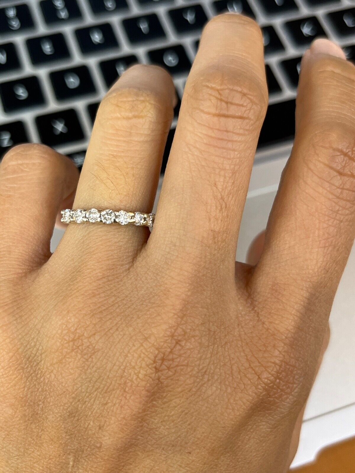 Vintage 14K Gold Seven Diamond Ring Band, Wedding Band.