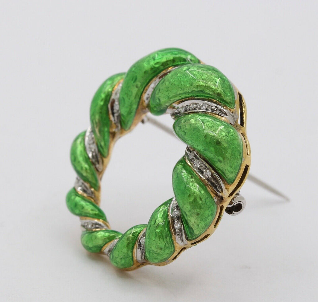Vintage Ladies 18K Yellow White Gold Green Enamel Brooch Pin