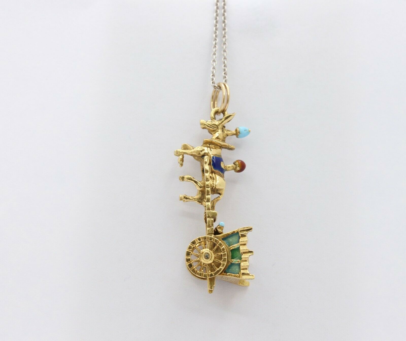 Vintage 18K Yellow Gold Enamel Horse Carriage Charm