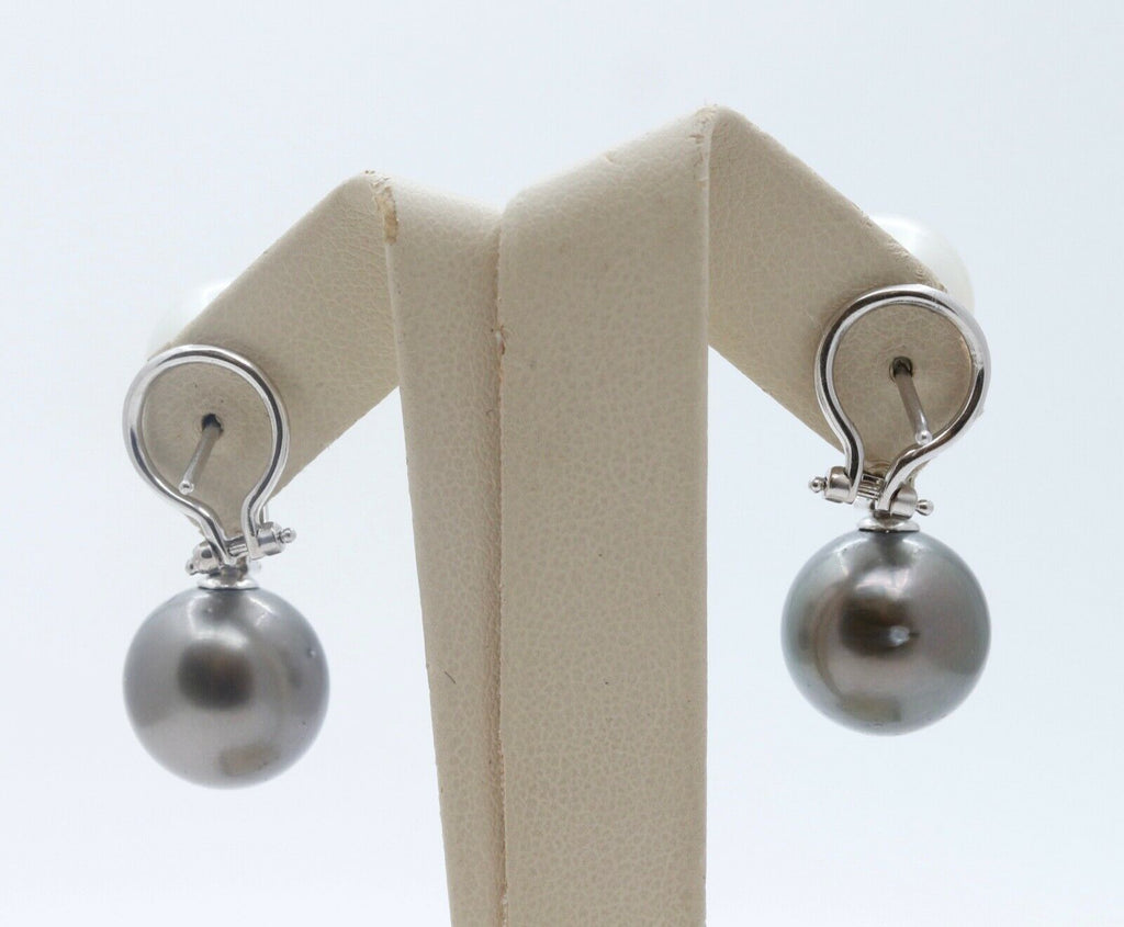 South Sea White and Tahitian Pearls Diamonds 18K White Gold Vintage Earrings
