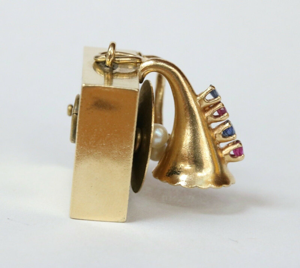 Rare Vintage Phonograph 14K Yellow Gold RubIes Sapphires Pearls Pendant Charm