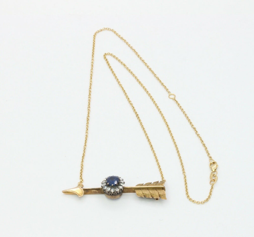 Victorian Russian 14K Yellow Gold Sapphire Rose Cut Diamond Arrow Pendant