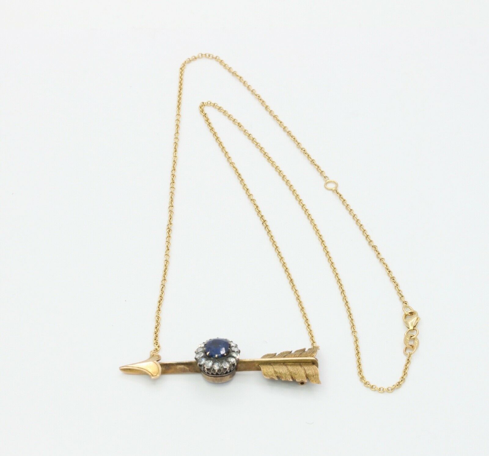 Victorian Russian 14K Yellow Gold Sapphire Rose Cut Diamond Arrow Pendant