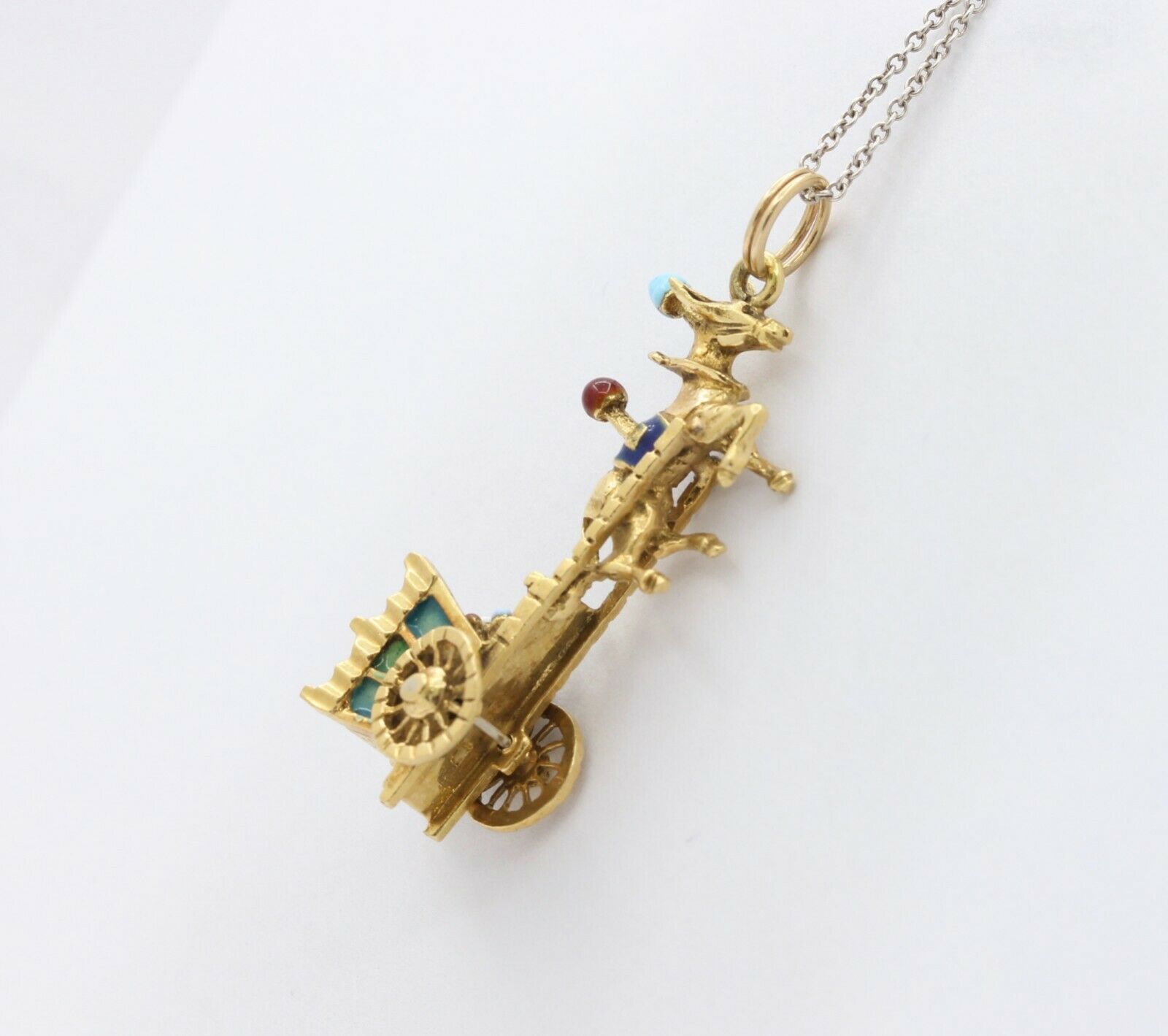 Vintage 18K Yellow Gold Enamel Horse Carriage Charm
