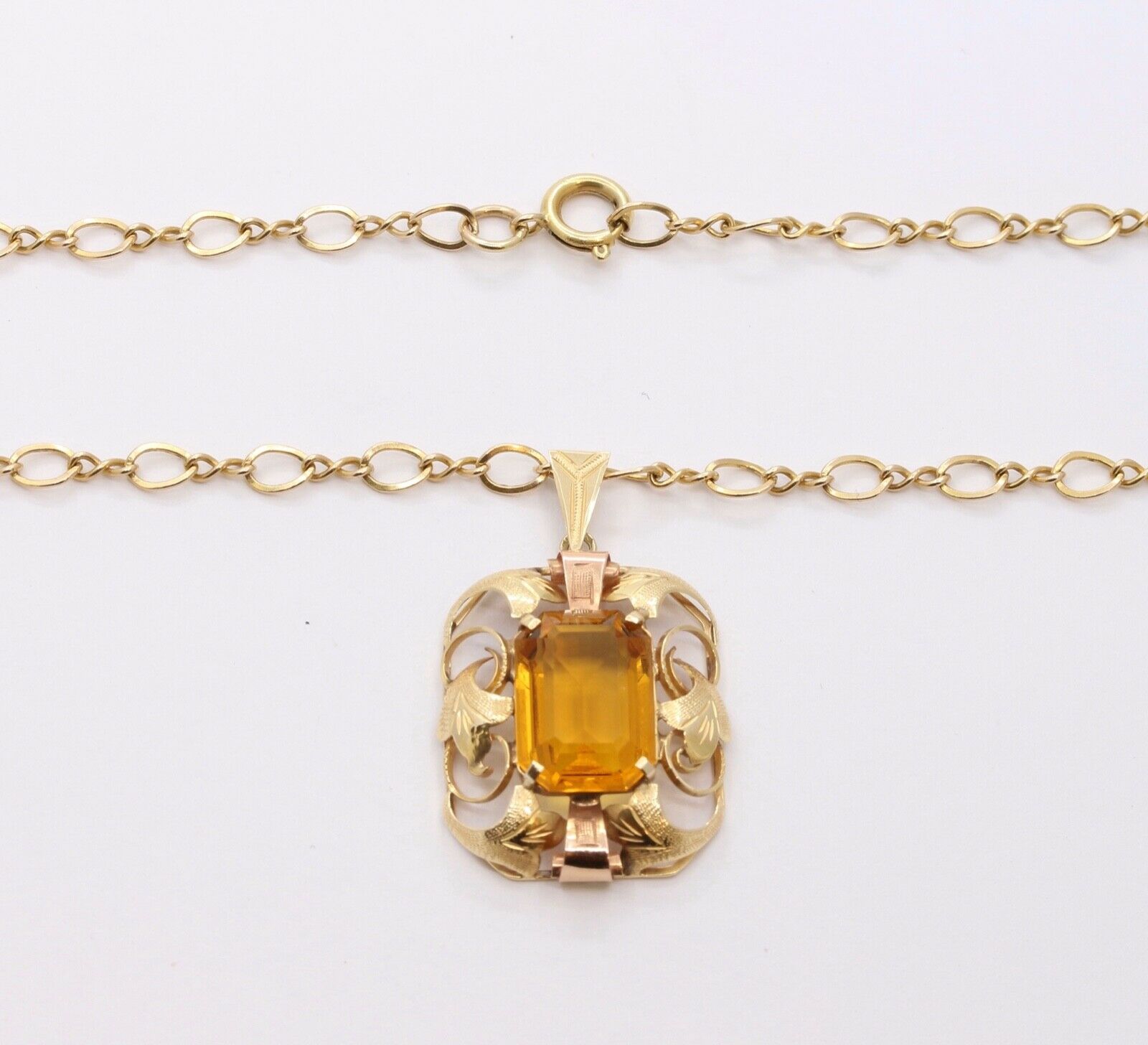 Lovely Vintage 14K Yellow Rose Gold Citrine Pendant 10K Open Link Chain