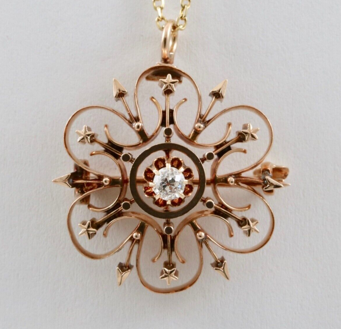 Antique 14K Yellow Gold Heart & Arrow Floral Brooch, Pendant