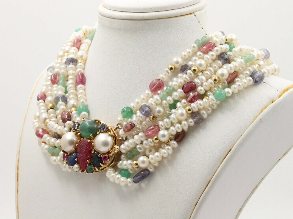 Vintage Beaded Pearl, Ruby, Sapphire and Aventurine Multi Strings Necklace