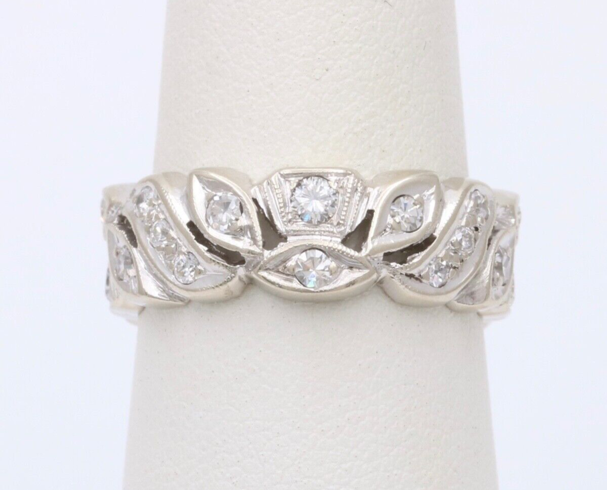Art Deco 14K White Gold Diamond Ring Band, Wedding Band