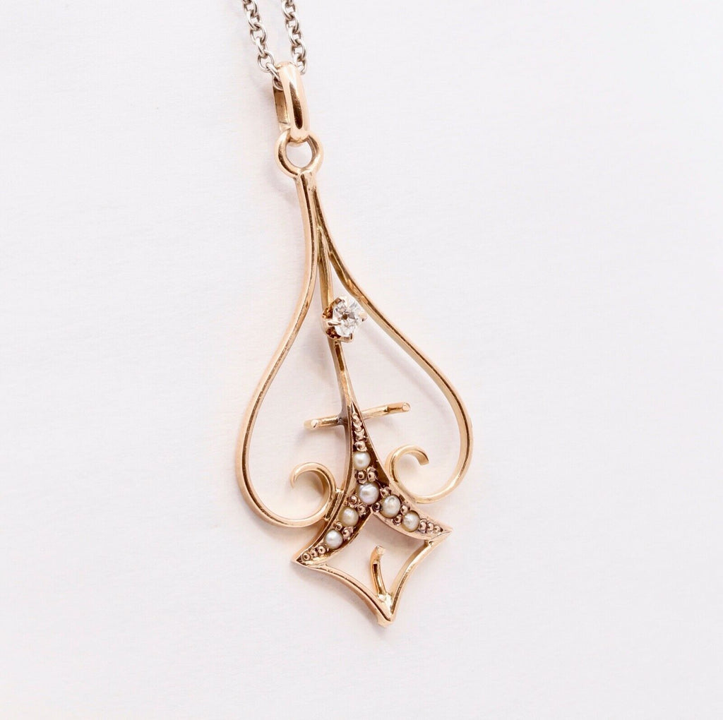 Victorian 10 Yellow Gold Diamond Seed Pearls Pendant