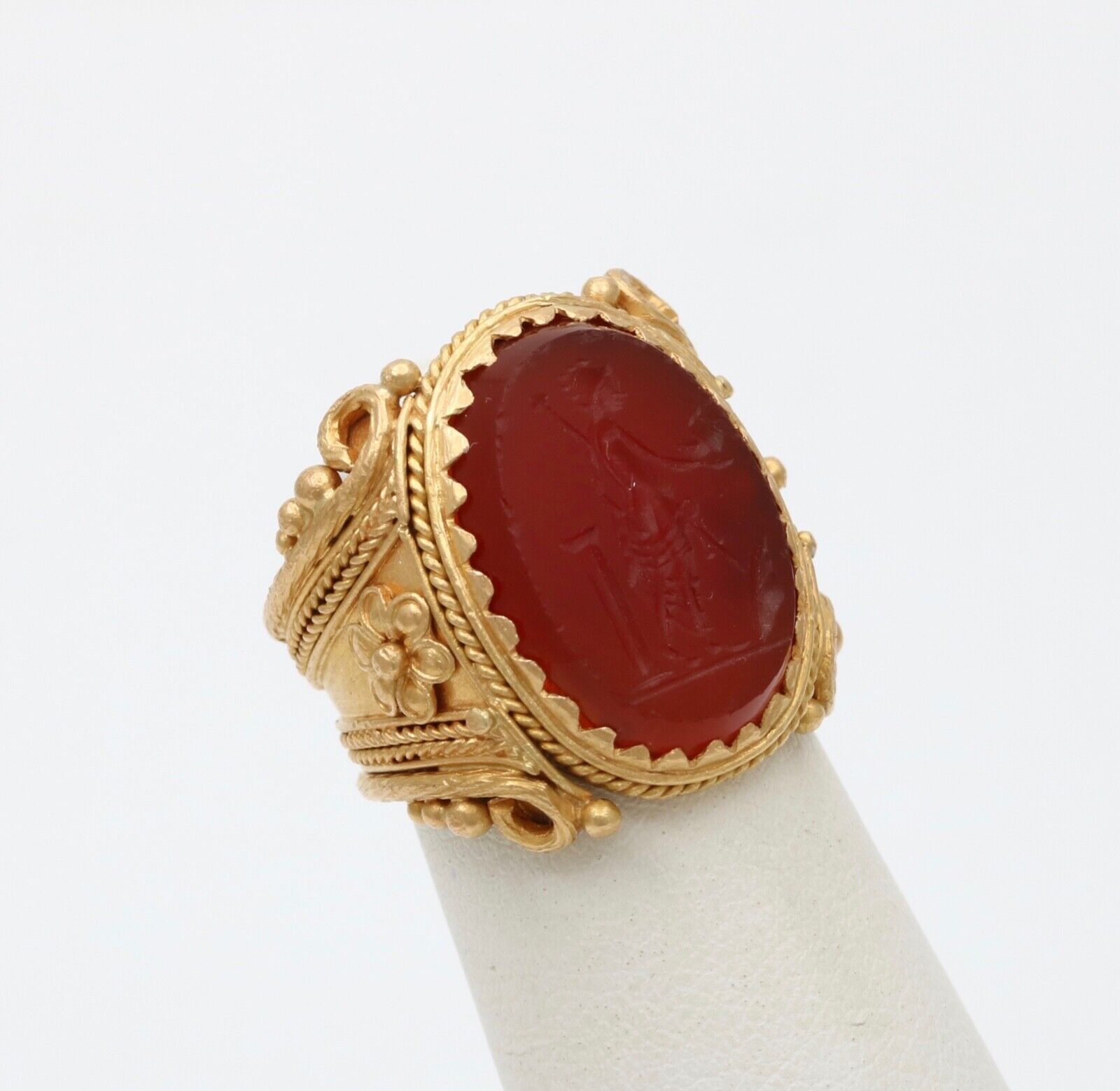 Vintage 22K Yellow Gold Carved Greek Narcissus Intaglio Carnelian Signet.