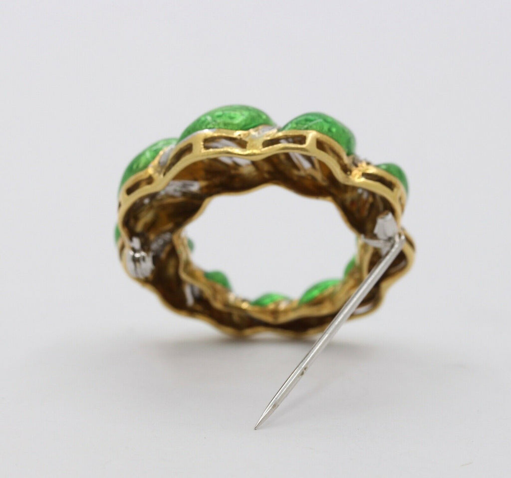 Vintage Ladies 18K Yellow White Gold Green Enamel Brooch Pin