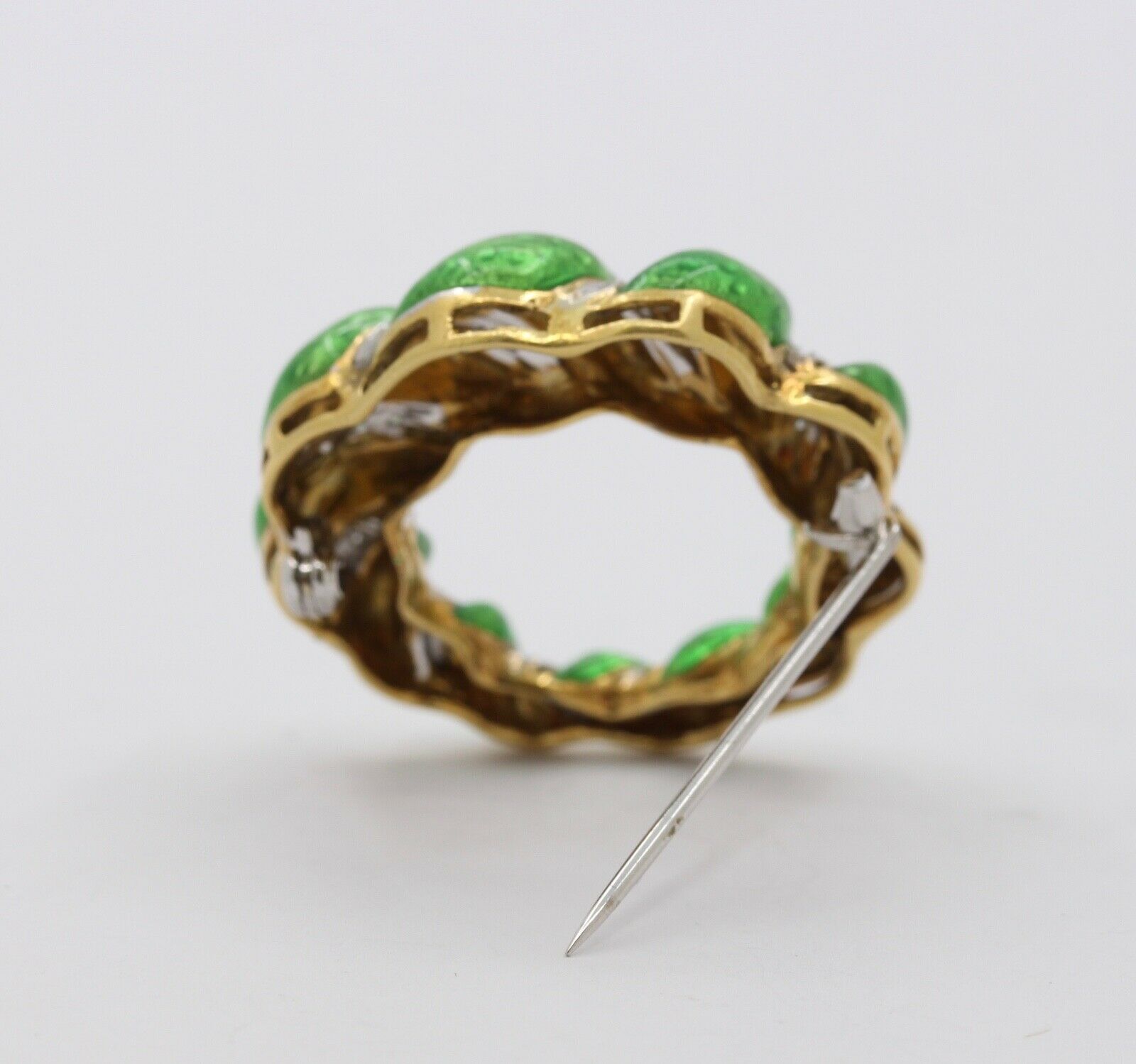 Vintage Ladies 18K Yellow White Gold Green Enamel Brooch Pin