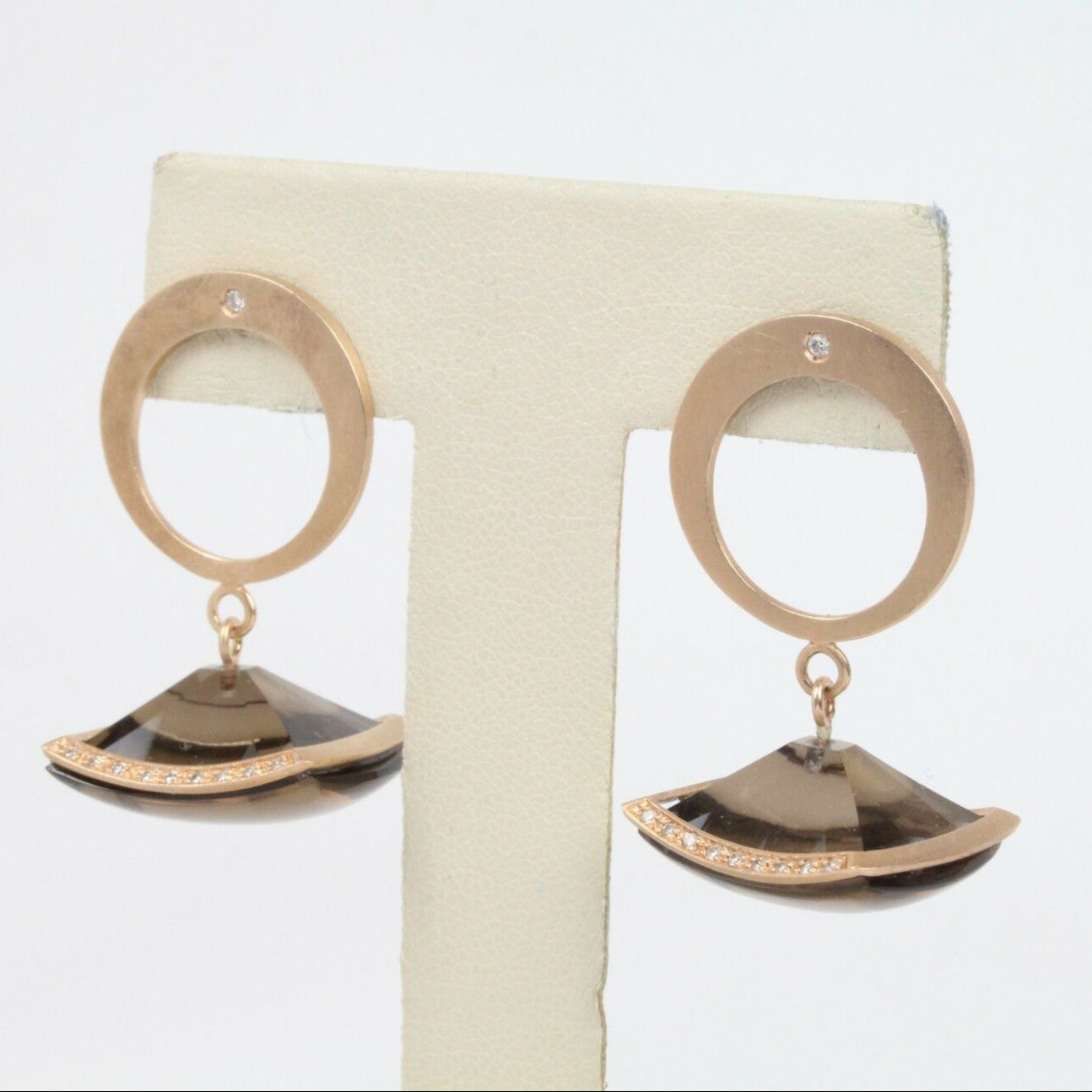 Retro French Denair 18K Rose Gold Smoky Quartz & Diamonds Dangling Earrings
