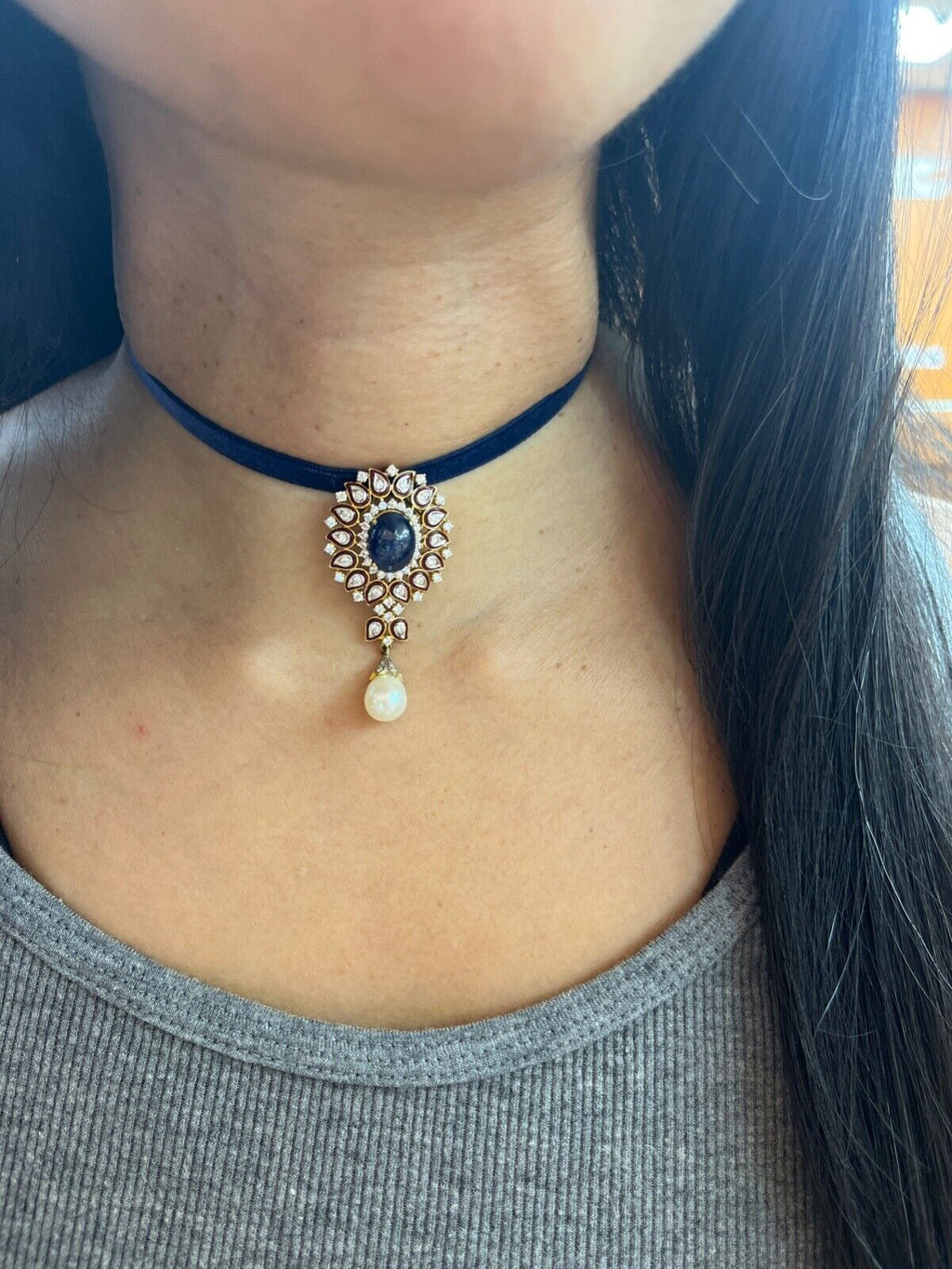 Gorgeous 18K Yellow Gold Cabochon Sapphire, Pearl And Diamond Pendant
