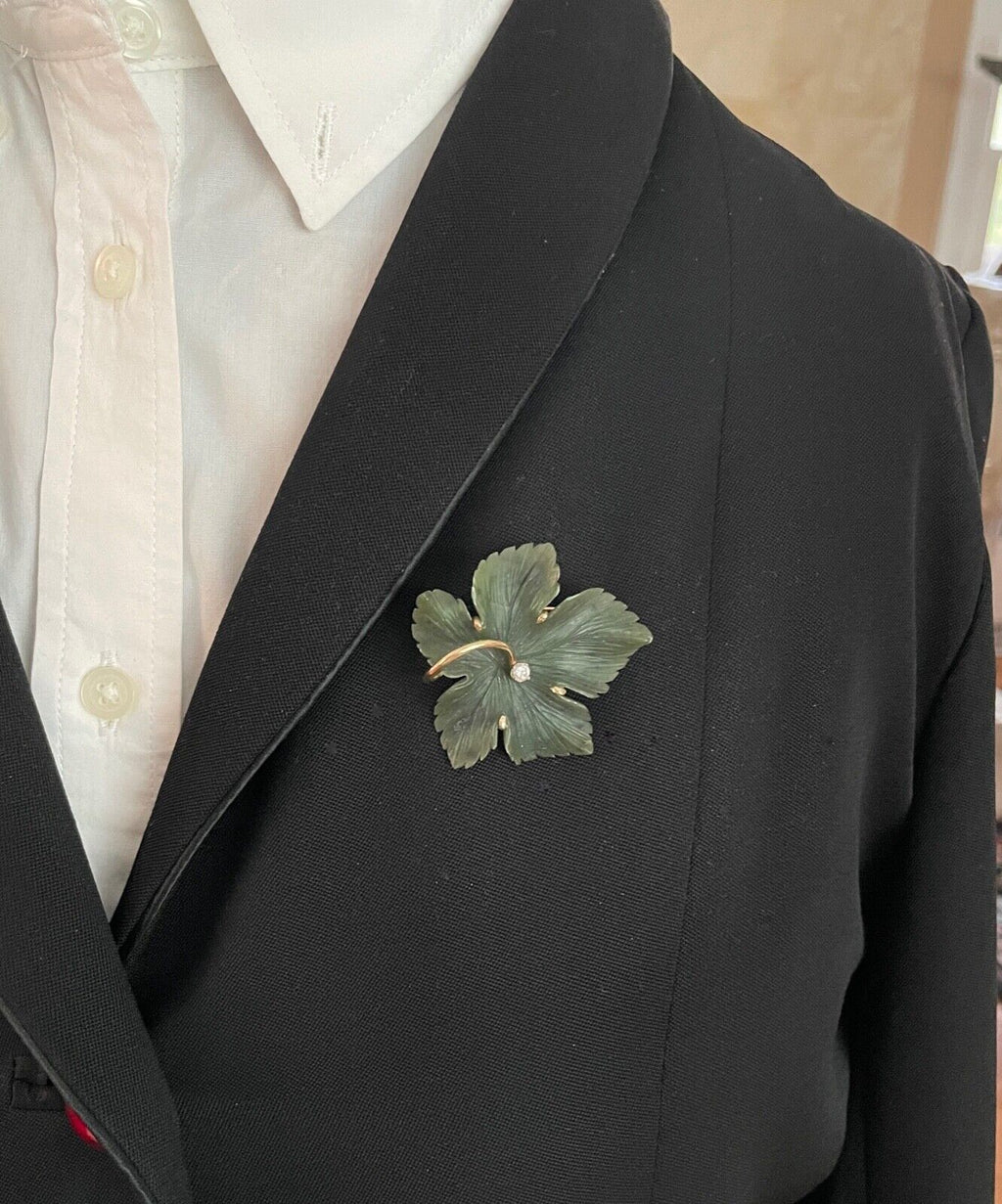 Vintage Diamond and Curved Jade 14K Yellow Gold Leaf Brooch, Pendant.