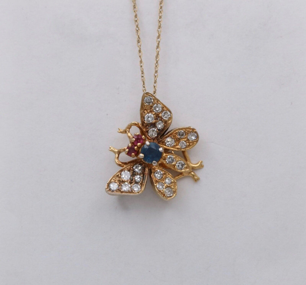 Vintage Butterfly Sapphire Ruby Diamond 14K Yellow Gold Brooch Pin