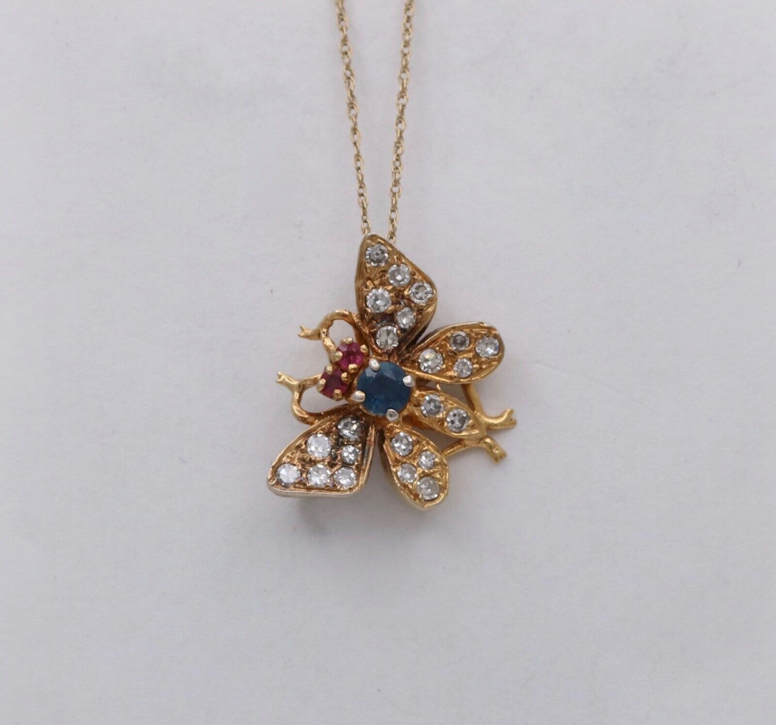Vintage Butterfly Sapphire Ruby Diamond 14K Yellow Gold Brooch Pin