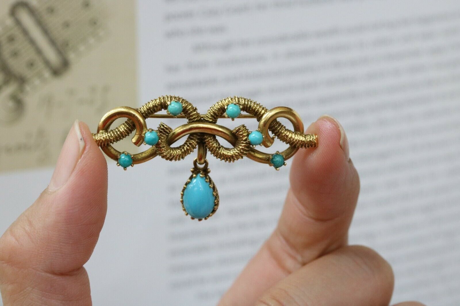 Antique Victorian Hand Crafted 14K Yellow Gold Turquoise Brooch