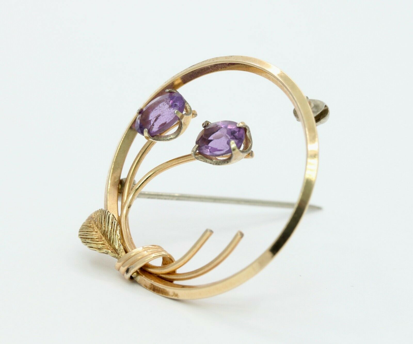 Vintage Gold Filled Amethyst Circle Floral Brooch