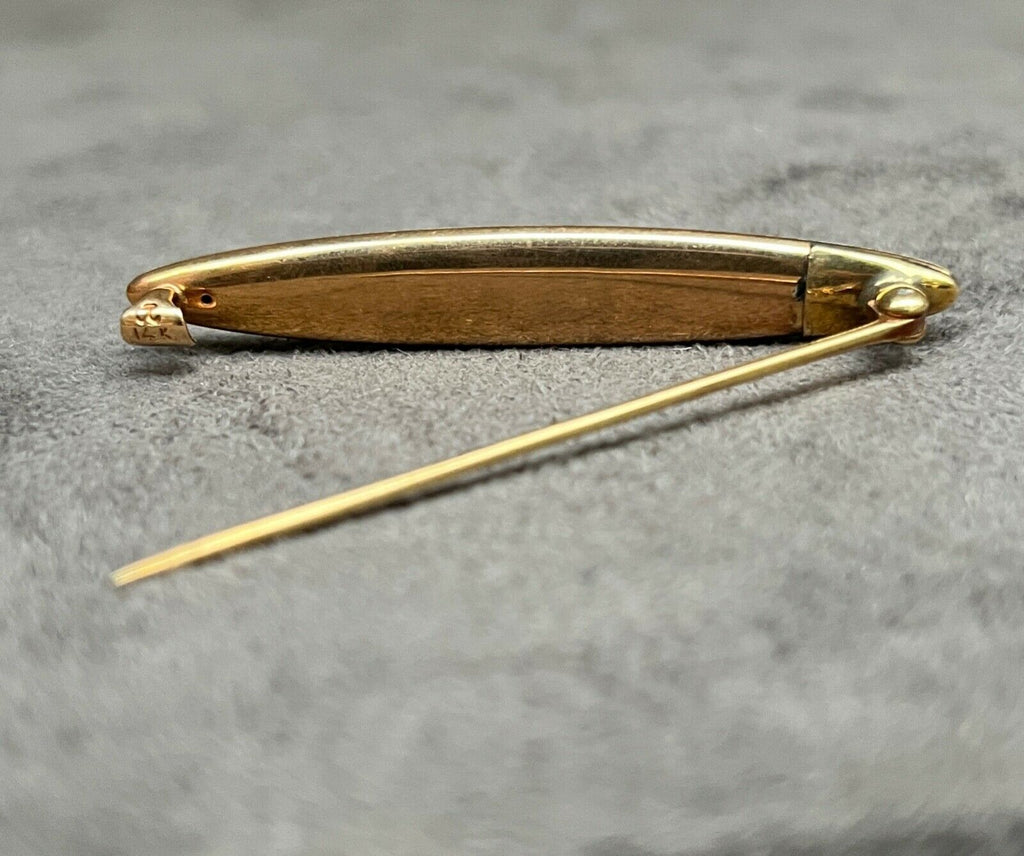 Vintage Krementz 14K Yellow Gold Split Pearl White Enamel Bar Pin Brooch
