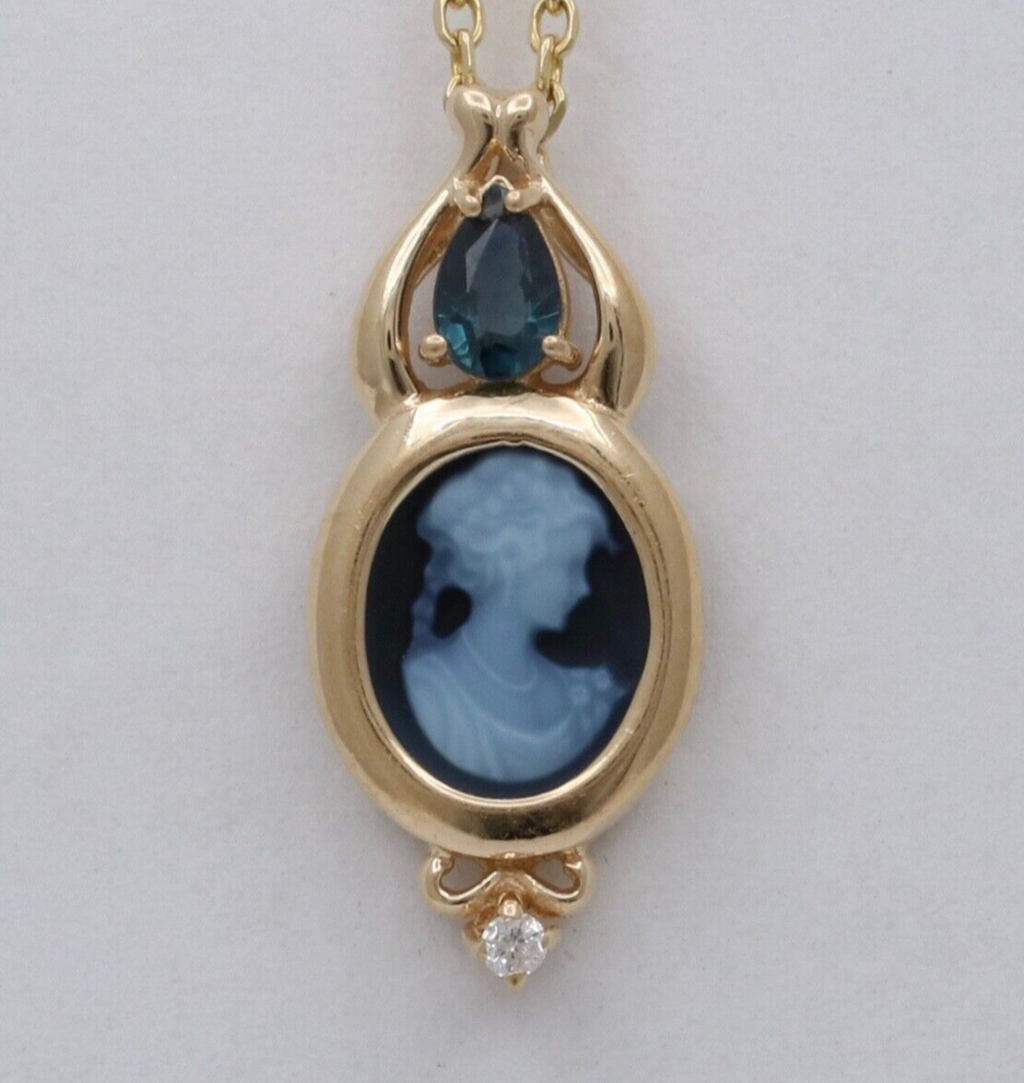 Vintage 14K Yellow Gold Black Cameo & Sapphire Pendant
