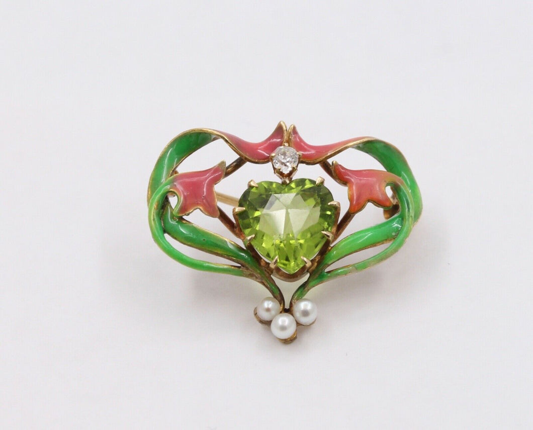 Art Nouveau Peridot 18K Yellow Gold Enamel Brooch Pin