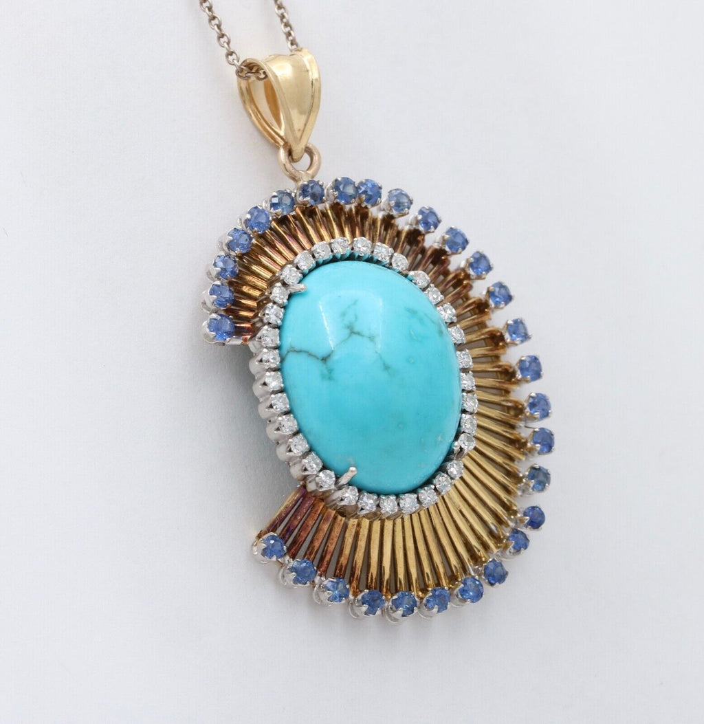 Funky Vintage 18K Yellow Gold Large Turquoise, Sapphire and Diamond Pendant