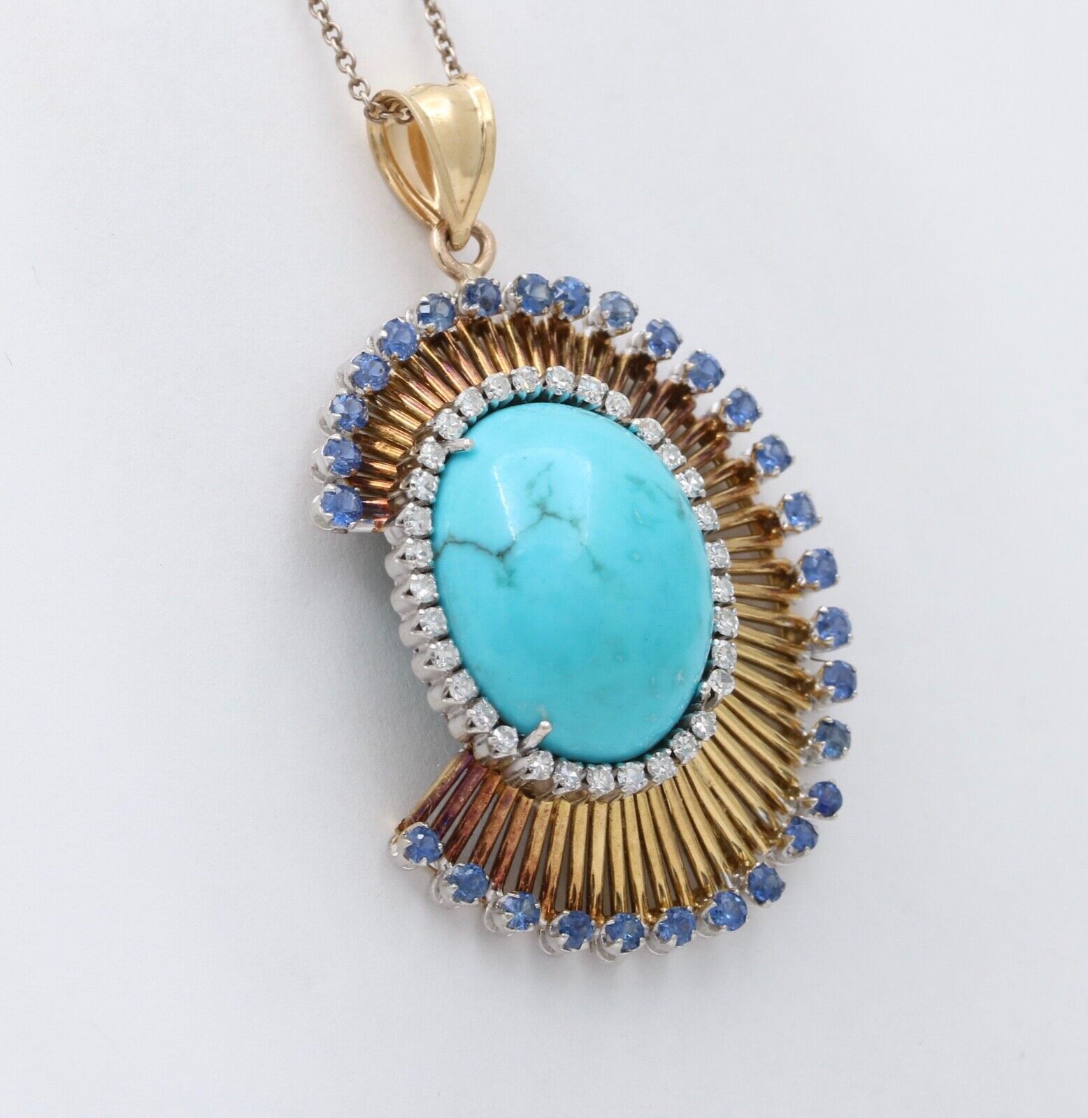 Funky Vintage 18K Yellow Gold Large Turquoise, Sapphire and Diamond Pendant