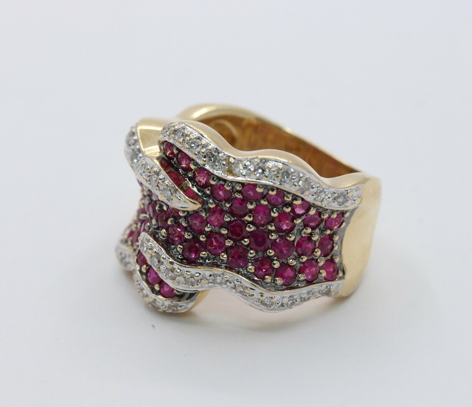 Vintage Ladies 14K Yellow Gold Rubies Diamonds Bypass Ring