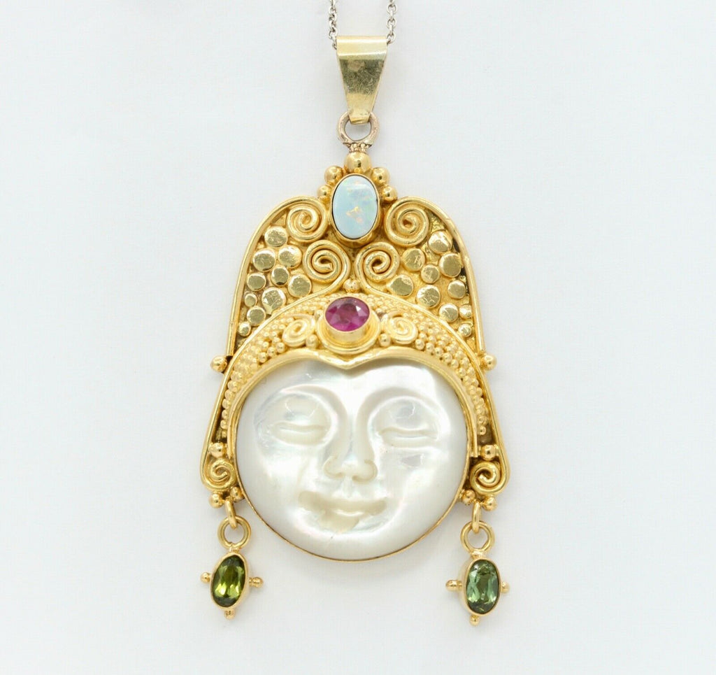 Vintage 18K Yellow Gold Sajen Goddess Face Mother of Pearl Opal Amethyst Peridot